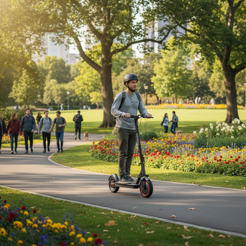 Werhy electric scooter riding through a city park